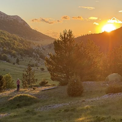Goldenes Abendlicht über einer hochgelegenen Karstlandschaft auf der Dinara. Die Sonne steht tief in einem Bergsattel zwischen zwei bewaldeten Berghängen und taucht die Szene in warmes Orange. Links erstreckt sich ein sanft abfallender, mit Wiese und einzelnen Kiefern bewachsener Hang. Im Vordergrund mittig steht Martina als kleine Figur zwischen zwei Bäumen und blickt Richtung Sonne. Rechts steht ein beiges Kuppelzelt zwischen Pinien und Felsblöcken. Über dem Sonnenuntergang ziehen weiche Wolken in Orange- und Goldtönen.